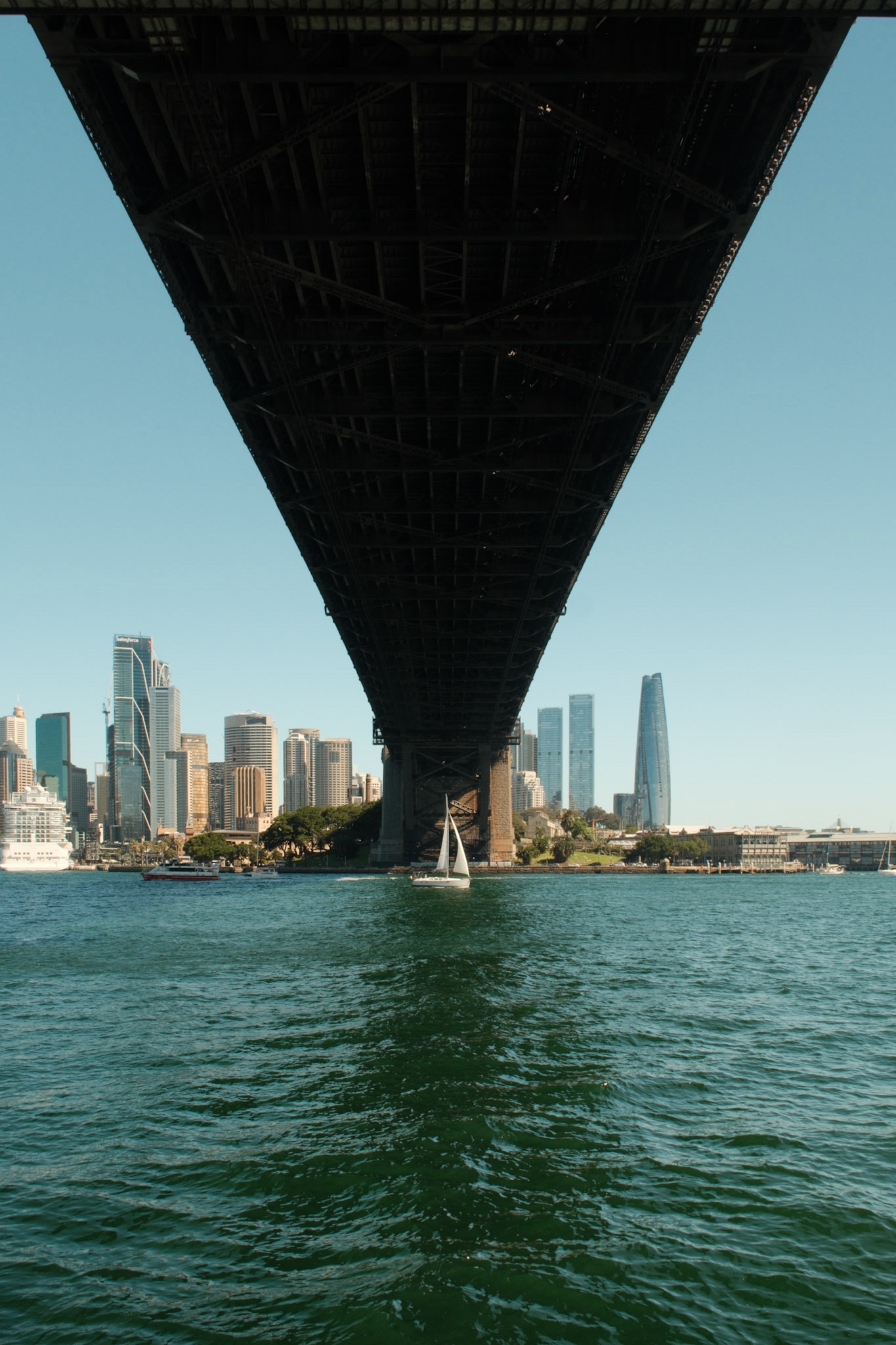 The Sydney skyline framed under the Harbour Bridge